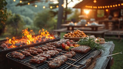 Summer terrace with barbecue. AI generate illustration - obrazy, fototapety, plakaty
