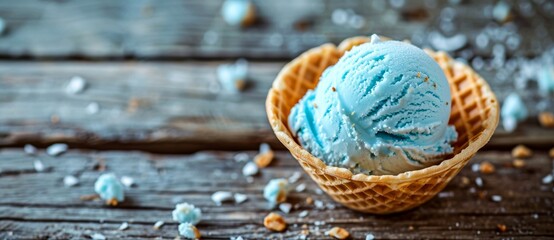 A creamy scoop of blue gelato nestled in a crisp waffle cone, melting in the warm summer sun against a rustic wooden backdrop
