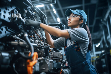 Fototapeta na wymiar Skilled female engineer fine-tuning machinery on the automotive assembly line