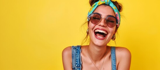 Happy lady with dark hair models indoor, expressing joy in trendy shades, bandana, and jean dress, ready for a vacation stroll with her boyfriend.