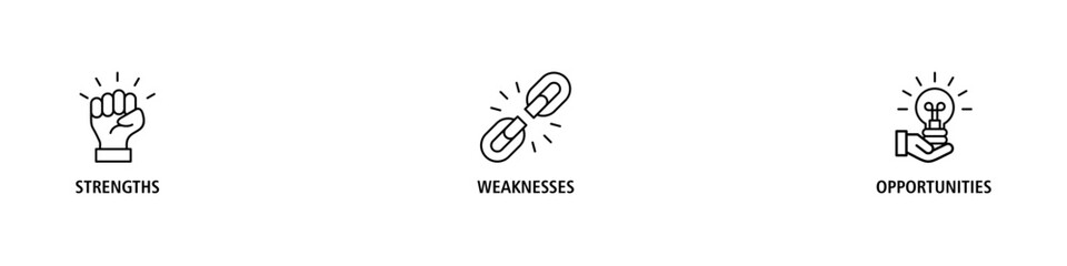 SWOT banner web icon vector illustration concept for strengths, weaknesses, threats, and opportunities analysis with an icon of value, goal, break chain, low battery, growth, check, minus, and crisis