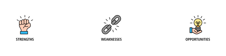 SWOT banner web icon vector illustration concept for strengths, weaknesses, threats, and opportunities analysis with an icon of value, goal, break chain, low battery, growth, check, minus, and crisis