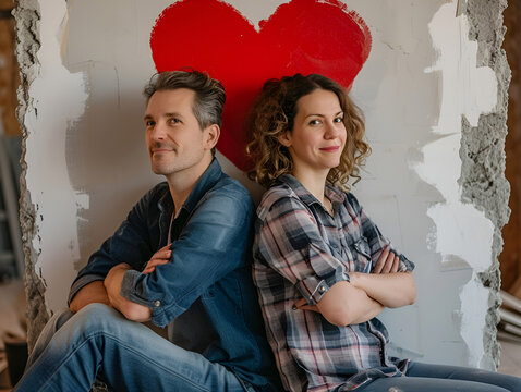 A man and a woman sit against the background of an unpainted wall with a painted heart