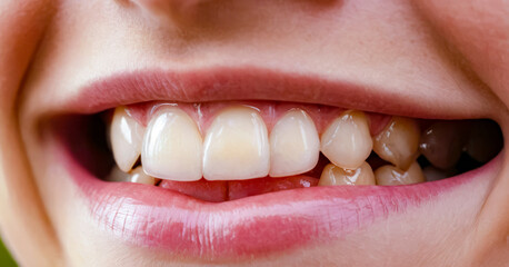 Close up of person's teeth with gums on them.