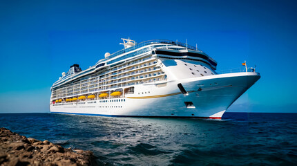 Large cruise ship in the water near rocky shore with blue sky in the background.