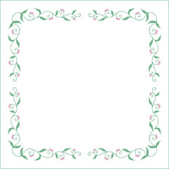 Green floral frame with leaves and pink flowers, decorative corners for greeting cards, banners, business cards, invitations, menus. Isolated vector illustration.	