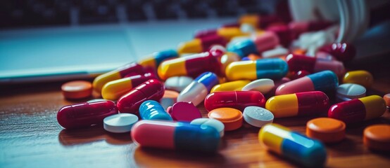 A colorful assortment of pharmaceuticals lay scattered on a table, resembling sweet candies but holding the power to relieve pain and improve health, representing the complex world of modern medicine - obrazy, fototapety, plakaty