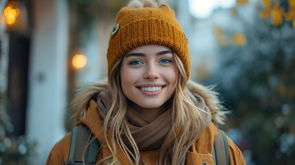 A young girl is smiling while taking photo. AI generate illustration