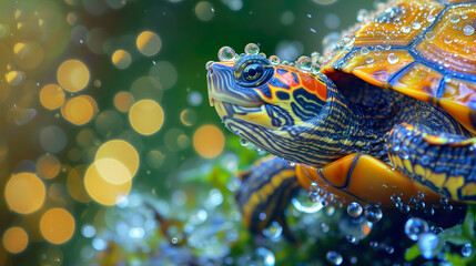 Macro shot a turtle, in bright colors with water drops, extreme close-up