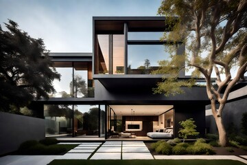 On the outskirts of a bustling city, a modern house stands in stark contrast to the solitary tree that graces its front yard