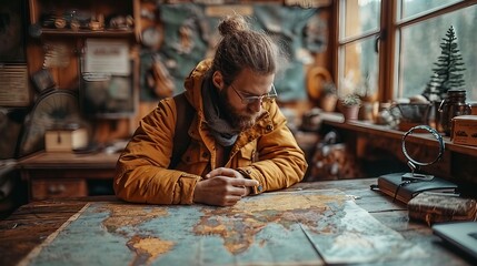A travel blogger strategizing their day on a map. AI generate illustration - obrazy, fototapety, plakaty