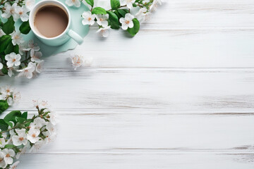 Flat lay with blossom with coffee cup and copy space, rustic background