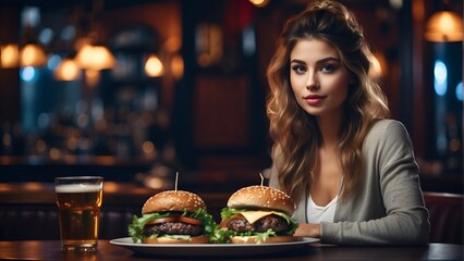 Stunning woman exudes charm & confidence in a vibrant bar scene, bathed in warm sunlight. Perfect for nightlife, entertainment, or showcasing independent women.