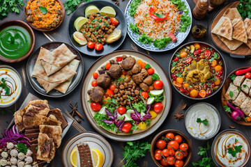 Flat lay of Ramadan kareem Iftar party table with assorted festive traditional Arab dishes - obrazy, fototapety, plakaty