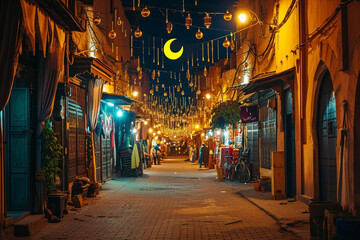Fototapeta na wymiar Old traditional arabic street in night with ramadan garlands and crescent moon