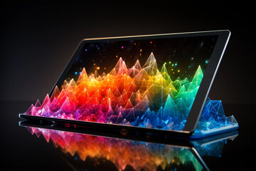Digital tablet and geometric holographic colorful rainbow city