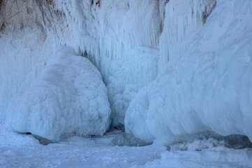 Cape Three Brothers. Beautiful winter landscape of frozen Baikal Lake.