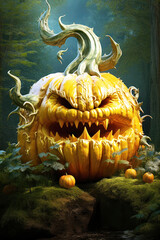Halloween pumpkin with scary face on dark background2 - obrazy, fototapety, plakaty
