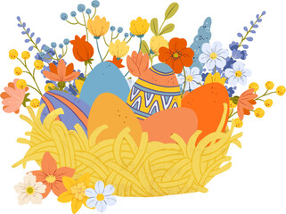 Easter cartoon white spring bunny illustration. Cute easter character. Transparent background