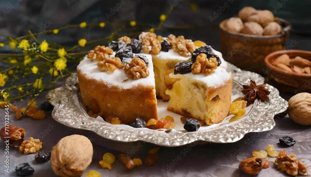 Wall mural Apple pie with nuts on a plate