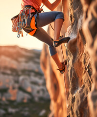 Female rock climber ascending cliff at sunset, adventure and action sport concept.
 - obrazy, fototapety, plakaty