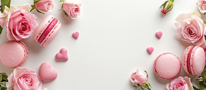 Pink macaroon hearts and pink roses adorn a blank white background.