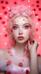 Obraz premium Portrait of a beautiful pale white girl, in a Barbiecore background, full of hearts and pink elements