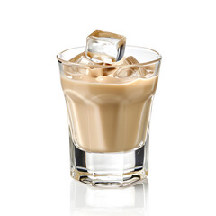 Glass shot of cream liqueur baileys with ice isolated on white background  - obrazy, fototapety, plakaty