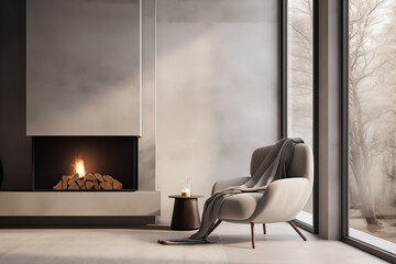 Cozy Modern interior featuring a sleek armchair and burning fireplace with forest View