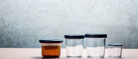 Glass jars for food. Empty glass containers. Glass jars for food. Food containers. Glass container set. Food Storage. Glass Food Container. Copy Space. - obrazy, fototapety, plakaty