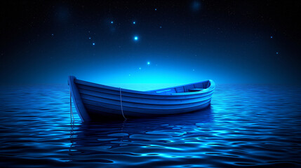 lonely wooden boat floats on a calm ocean at night, illuminated by a glow under a starry blue sky
