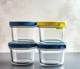 Glass jars for food. Empty glass containers. Glass jars for food. Food containers. Glass container set. Food Storage. Glass Food Container. Copy Space.
