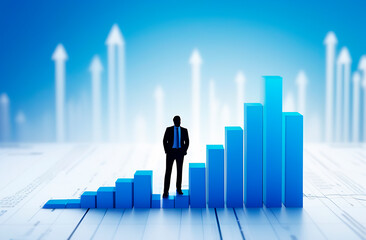Silhouette of man in business suit standing on the graph, abstract business background, finance concept on blue background