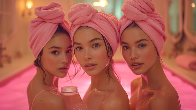 beautiful women on a spa day in pink tones