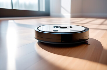 A robot vacuum cleaner cleans the floor in a bright modern room, light from the window, modern technology smart house concept