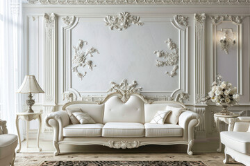 Classic living room with decorative wall , classic white sofa set.