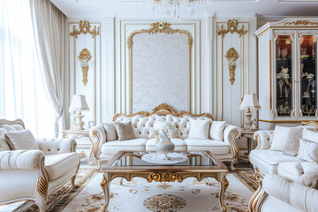 Fototapeta na wymiar Classic living room with decorative wall , classic white sofa set.