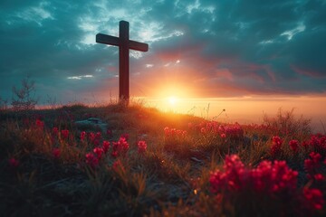minimalistic design Christian cross on hill outdoors at sunrise. Resurrection of Jesus