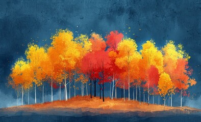 Abstract autumn landscape, with trees in shades of red and yellow, on a textured blue background