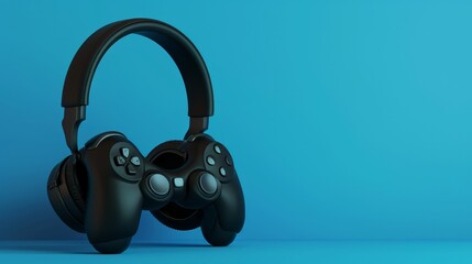 Black standard video game controller, headphones and game console on a blue gradient background. 3d rendering