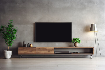 Cabinet TV in an interior room with no furniture, against a concrete wall with wooden shelves, lamps, plants, and a wooden table, displaying an elegant simplicity