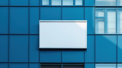 Blank name board on a building exterior. Empty white space for a company logo on a wall. Template of a signboard on an office house. Blue facade with closed window blinds. Blue sky in the background