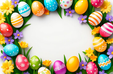 Beautiful Easter frame made of spring flowers and painted eggs, with empty space for your text, white background, template for Easter greeting card