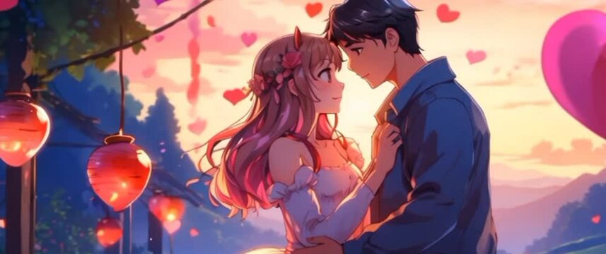 Anime couple with valentine decorations in the countryside and lights.