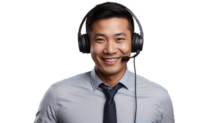 Portrait of a happy asian call center man isolated on a transparent background for consulting. Smile, customer support or service career with a young employee on PNG for telemarketing