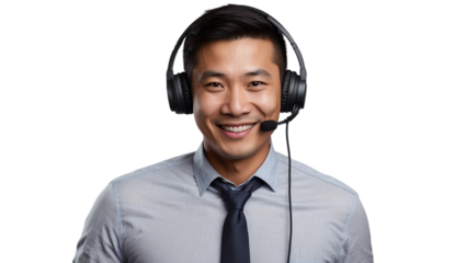 Portrait of a happy asian call center man isolated on a transparent background for consulting. Smile, customer support or service career with a young employee on PNG for telemarketing