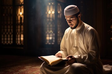 A Muslim man in traditional attire reads the Quran inside the mosque a serene sunrise inside a mosque.