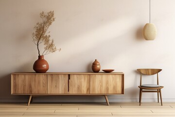 Cabinet with a Japandi wooden design in a living room with Muji style simplicity against an empty wall background - obrazy, fototapety, plakaty