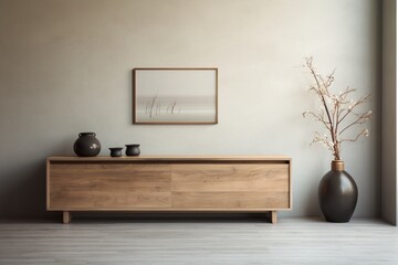 Cabinet with a Japandi wooden design in a living room with Muji style simplicity against an empty wall background - obrazy, fototapety, plakaty