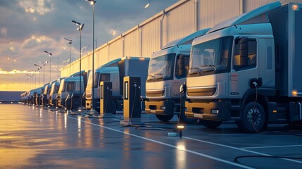 Company electric cars fleet charging on fast charger station at logistic centre. Cargo transport delivery utility vehicles semi truck, van, business recharging renewable solar wind electricity energy - obrazy, fototapety, plakaty
